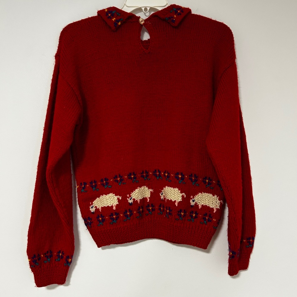 Vintage Allen Solly Red Wool Knit Sweater Embroidered Sheep Collar Women Medium - Picture 6 of 6